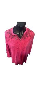 HeartSoul Blouse Size XL Pink Embroidered Lace Yoke 3/4 Sleeve Tunic Top